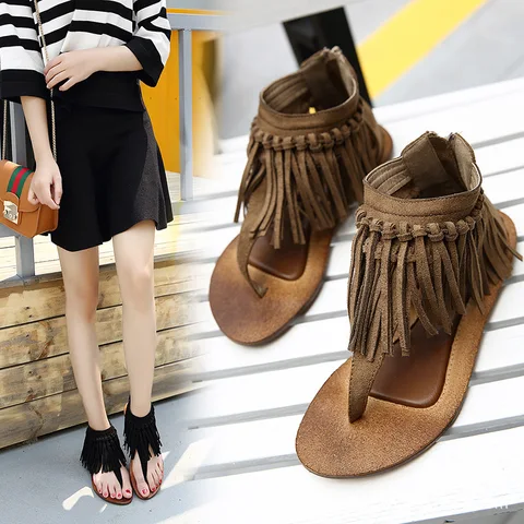 Сандалии jandal женские с бахромой, брендовые дизайнерские босоножки на плоской подошве, пляжные туфли с кисточками, обувь в римском стиле, лето