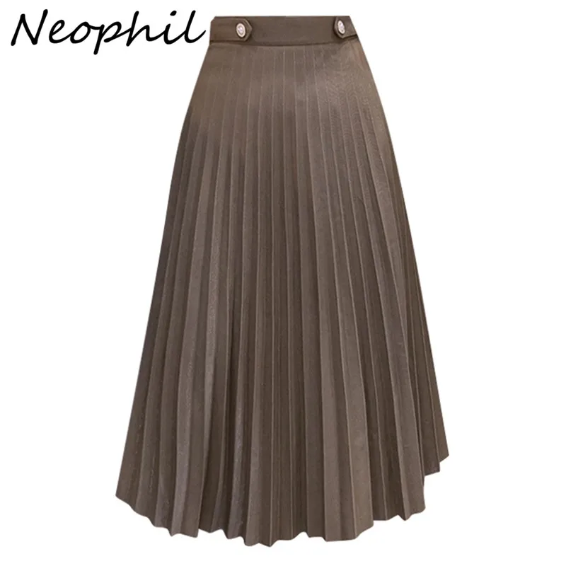

Neophil 2021 Autumn Women Fashion Pleated Midi Skirts Vintage High Waist Solid A-Line Swing Skirt Button Faldas Mujer Moda S91N6