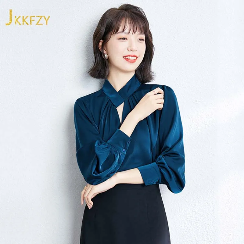 

Lantern Sleeve Chiffon Shirt Women 2021 Spring Summer Fashion Design V-neck Elegant Blouse Blue Donna Camicia Femme Chemise