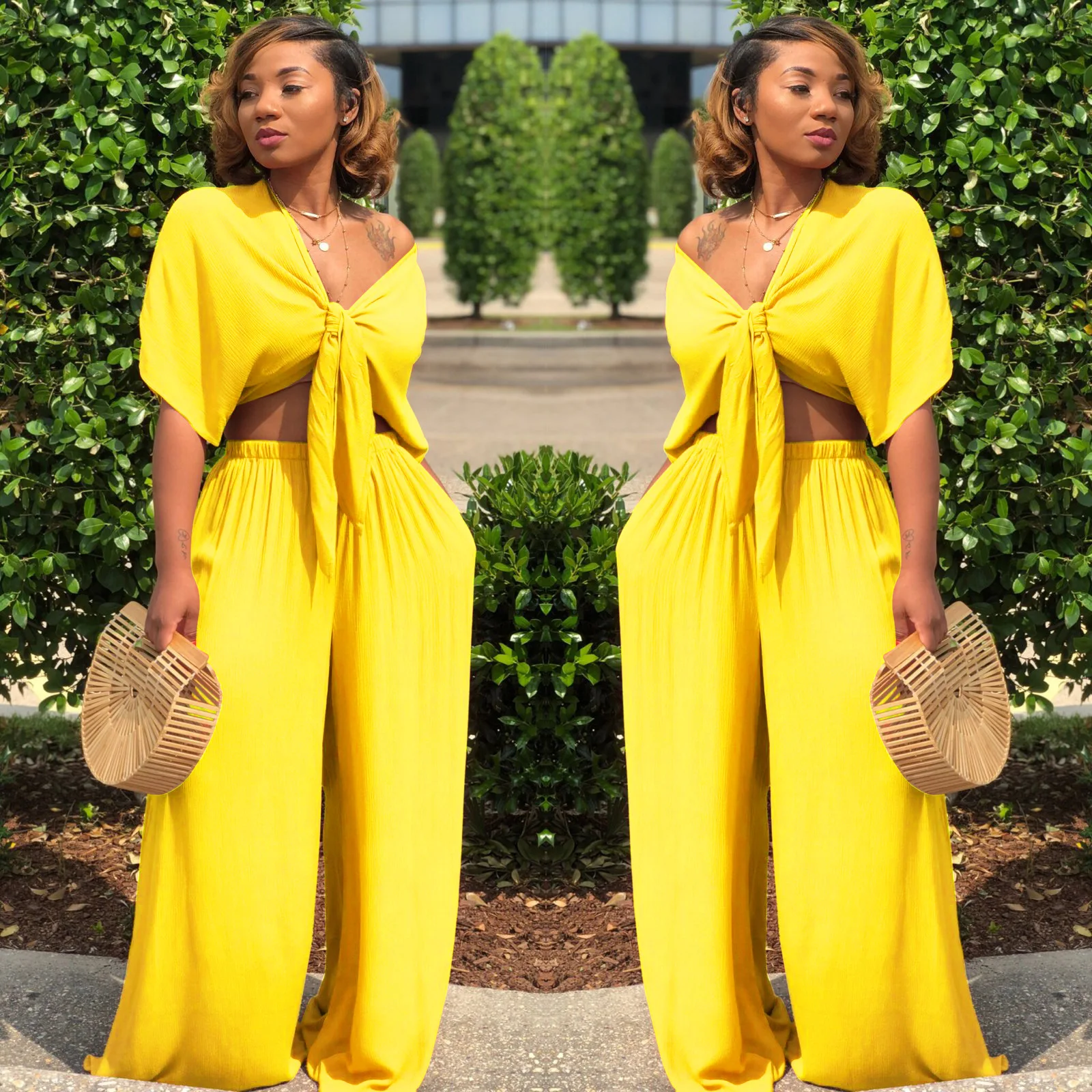 

2021 Sexy European and American lace-up deep V wide-leg pants two-piece nightclub suit