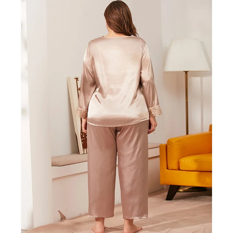 

Spring Autumn Pajama 2Pcs Sets Women Satin Long Sleeve Home Wear Ladies Sexy Satin Tops+pants Sleepwear XL XXL XXXL 4XL