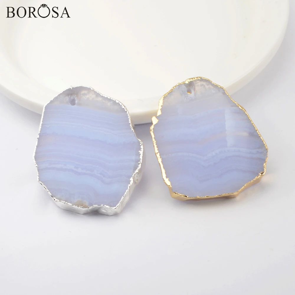 

BOROSA Blue Chalcedony Pendant for Necklace Making Freeform Gold Chalcedonilite Slice Charms for Necklace Women Jewelry WX1502