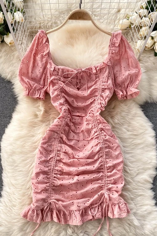 

Dress Solid Color High Waist Bodycon Sexy Summer Dress Puff Sleeve Hollow Out Bandage Dress Women Fashion Party Slim Fit Vestido