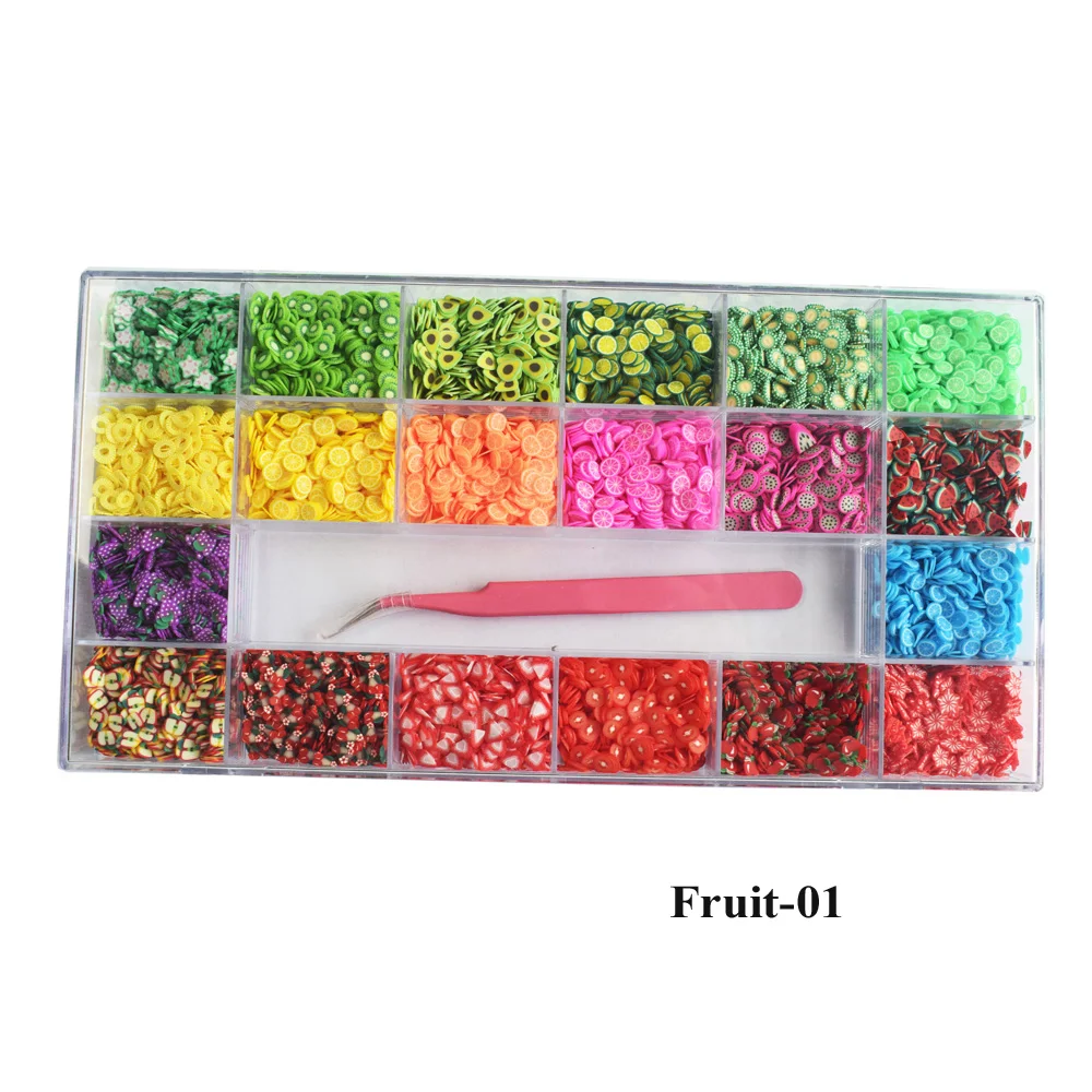 Mixed 3D Fruit Slices Sticker Polymer Clay DIY Slice Lemon Strawberry 20 Design Nail Art Sliders Nails Art Decors with a Tweezer