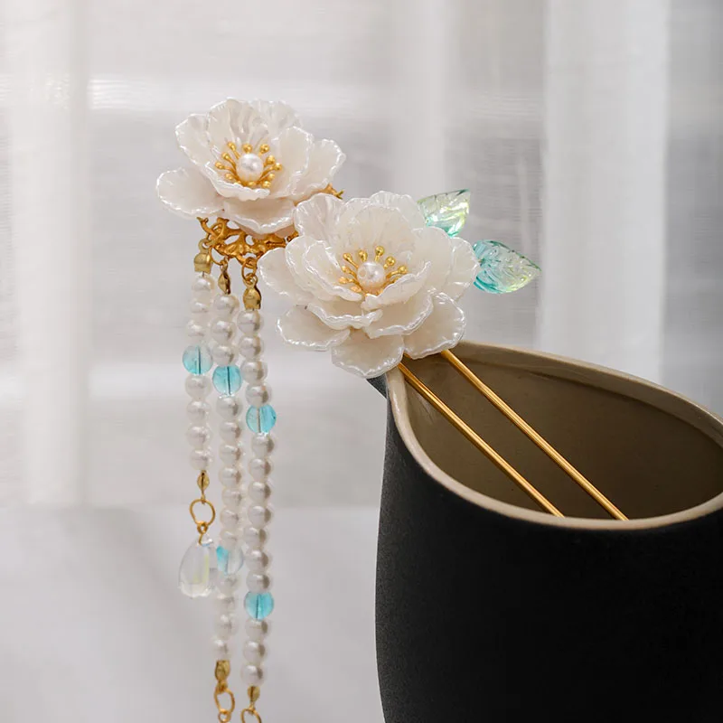 

Fashion White Flower Imitated Jade Faux Pearl Tassel Pendant Hairpin Suitable Cheongsam Woman Elegant Hair Jewelry MA