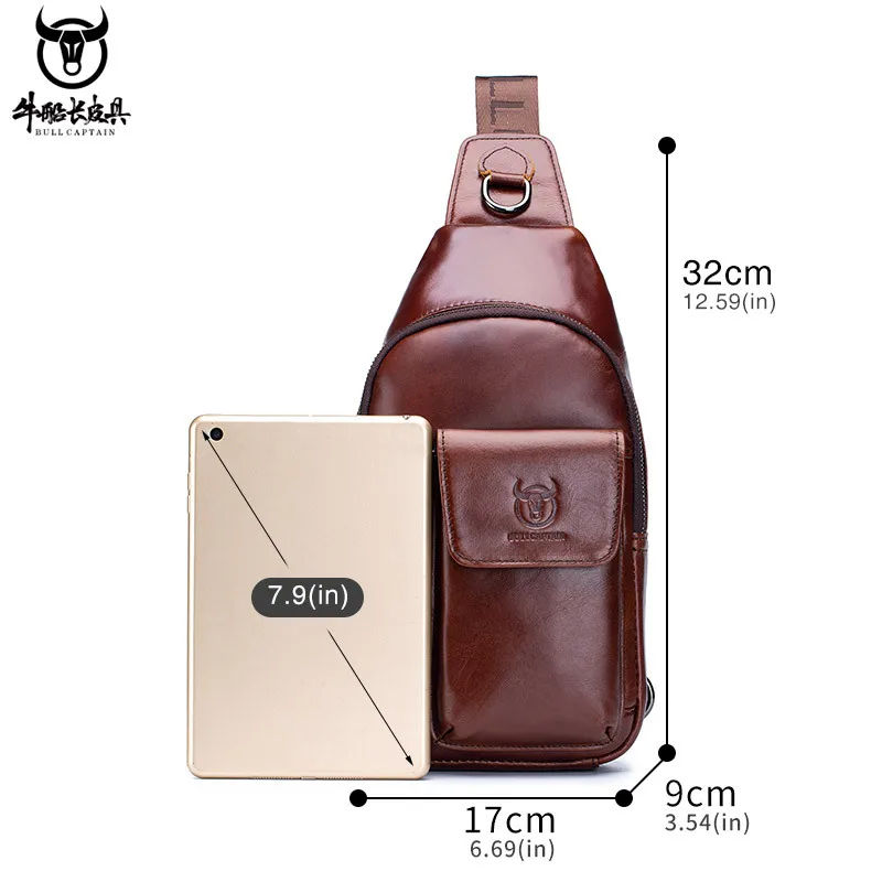 vender Bullcaptain Couro Genuíno Sacos Do Mensageiro Masculino Casual Peito Mochila Moda Multifuncional Música Peito Saco Excursão Saco S