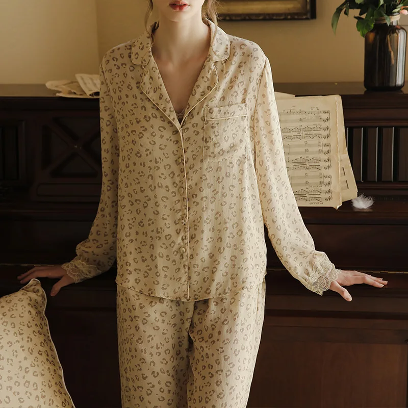 2020 New Spring Sexy Leopard V-neck Women's Pajamas Set Home Clothes Lace Homewear Full Sleeves Pyjama Femme Night Suit | Женская