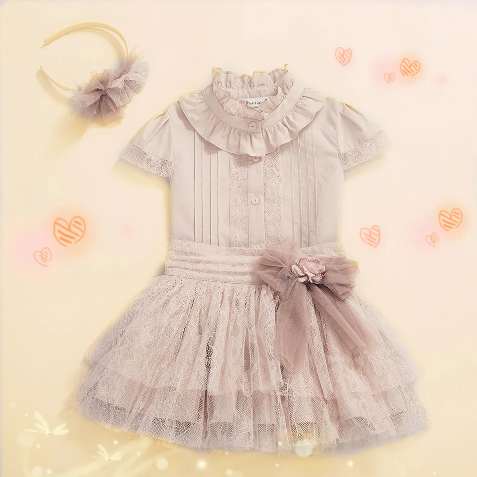 Платья с воротником оборкой летний кружевной комплект одежды для девочек бантом