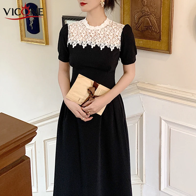 

VICONE Retro Hepburn Wind Lace Stitching Dress Waist Slimming Long Temperament Dress