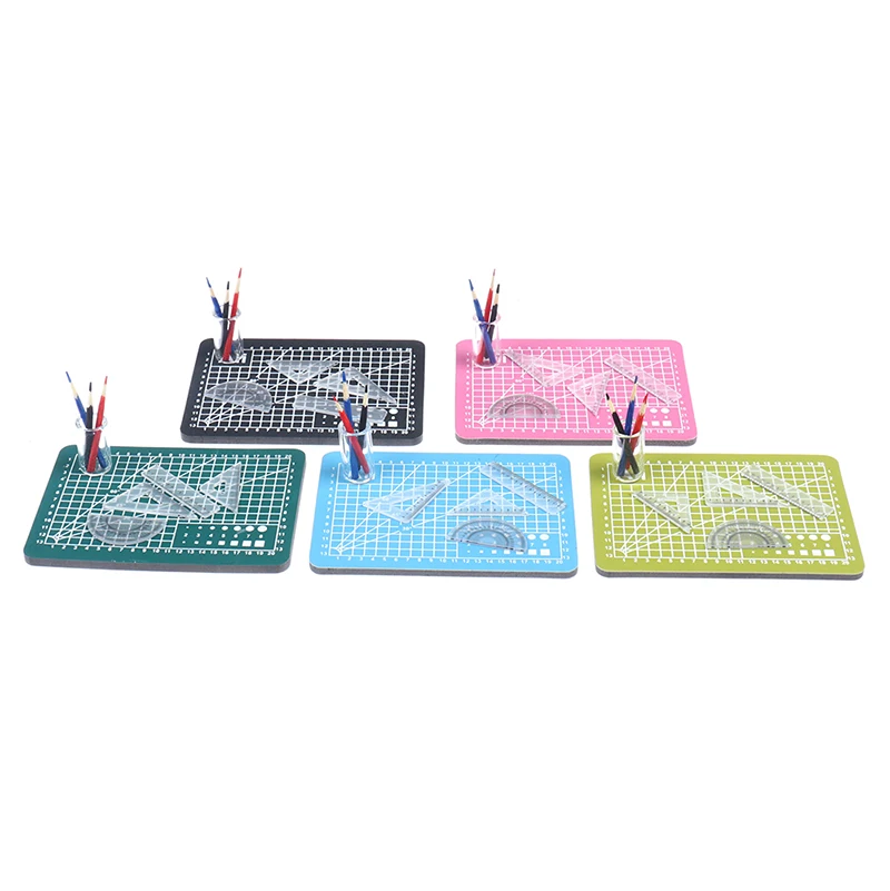

1 Set 1:12 Dollhouse Miniature Cutting Mat Ruler Pencil Pen Holder Set Doll Home Decor