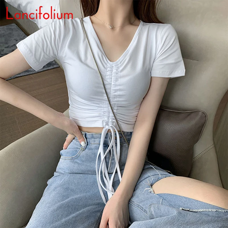 

Korean Fashion White Ruched Cotton Crop Top Short Sleeve Baby Tees Vneck Tshirt Y2k 2000s Aesthetic Kawaii Vintage Indie T Shirt