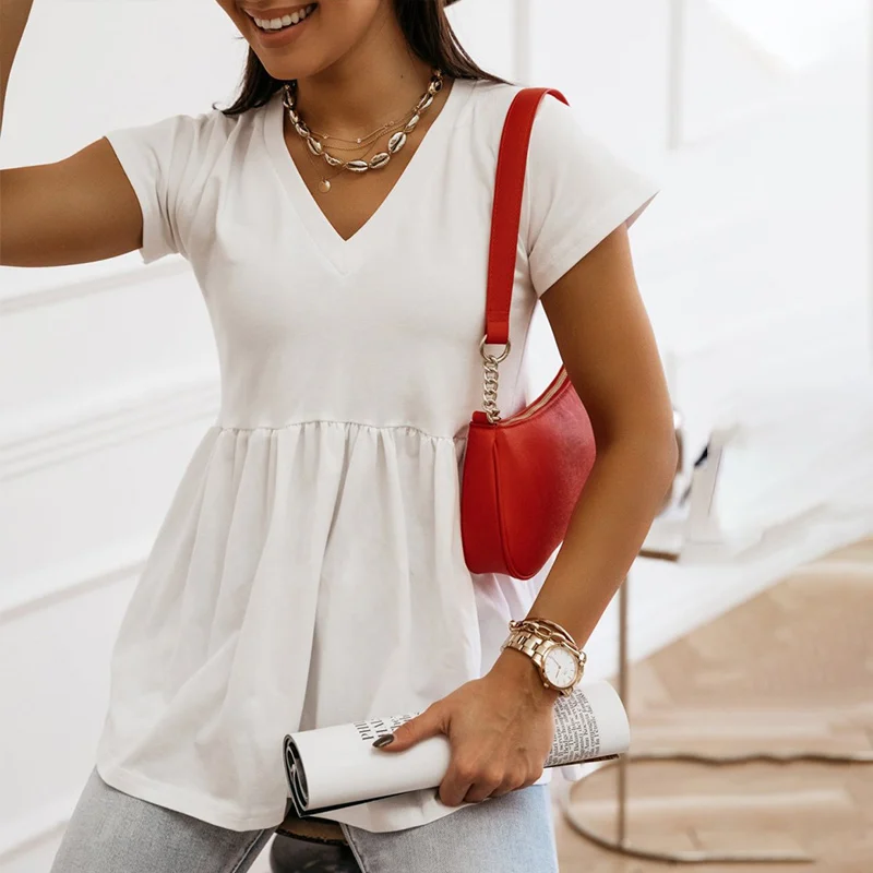 V-образный вырез женская шифоновая блуза с коротким рукавом хлопковые блузки для