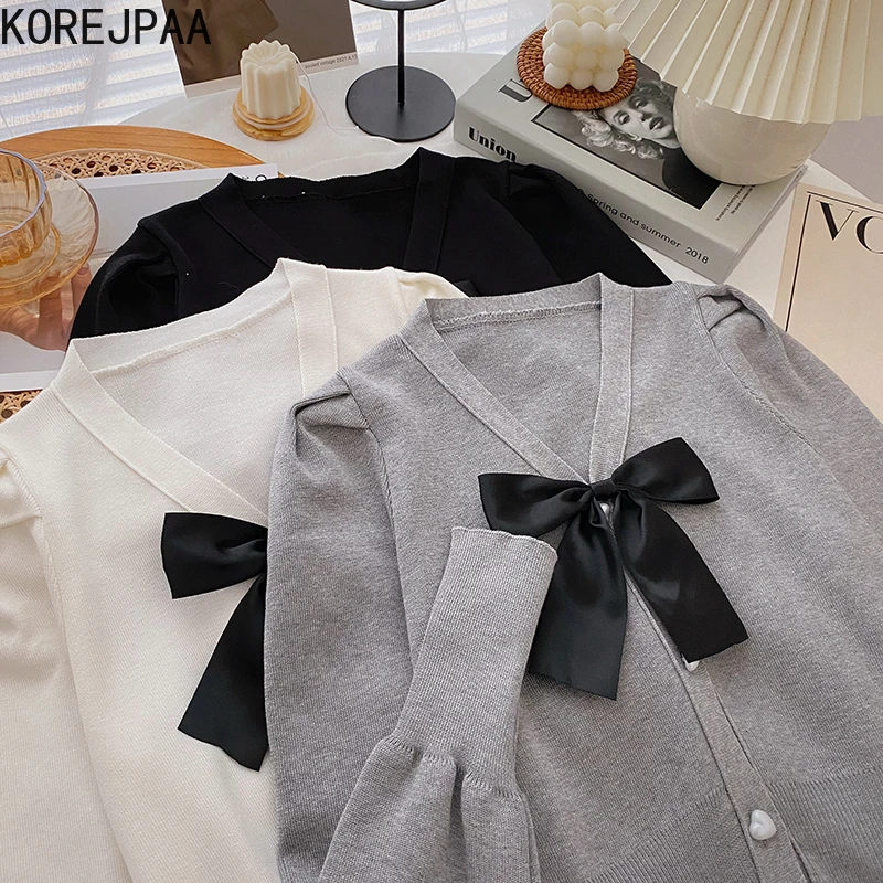 

Korejpaa French Lantern Sleeve Cardigans Women Winter 2021 New Korean Style Elegant V-neck Bow Single Breasted Cropped Sweater
