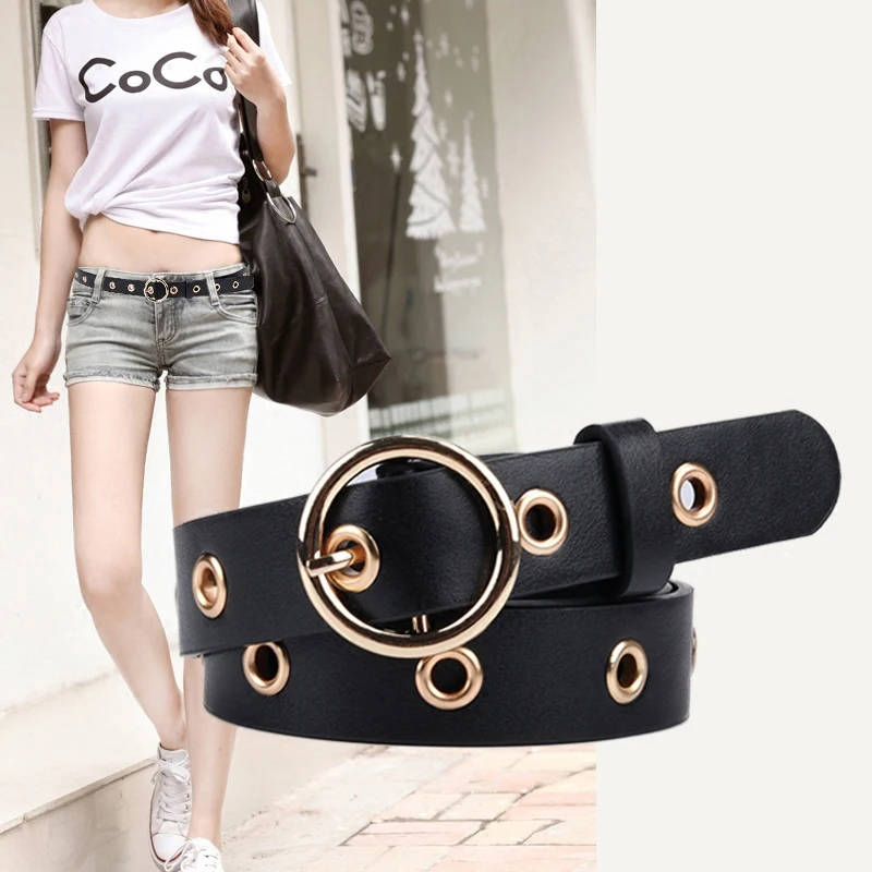 

New Gold Round Metal Circle Belt Female Classic Retro Simple PU Leather Waist Belts for Women Jeans Pants Wholesale