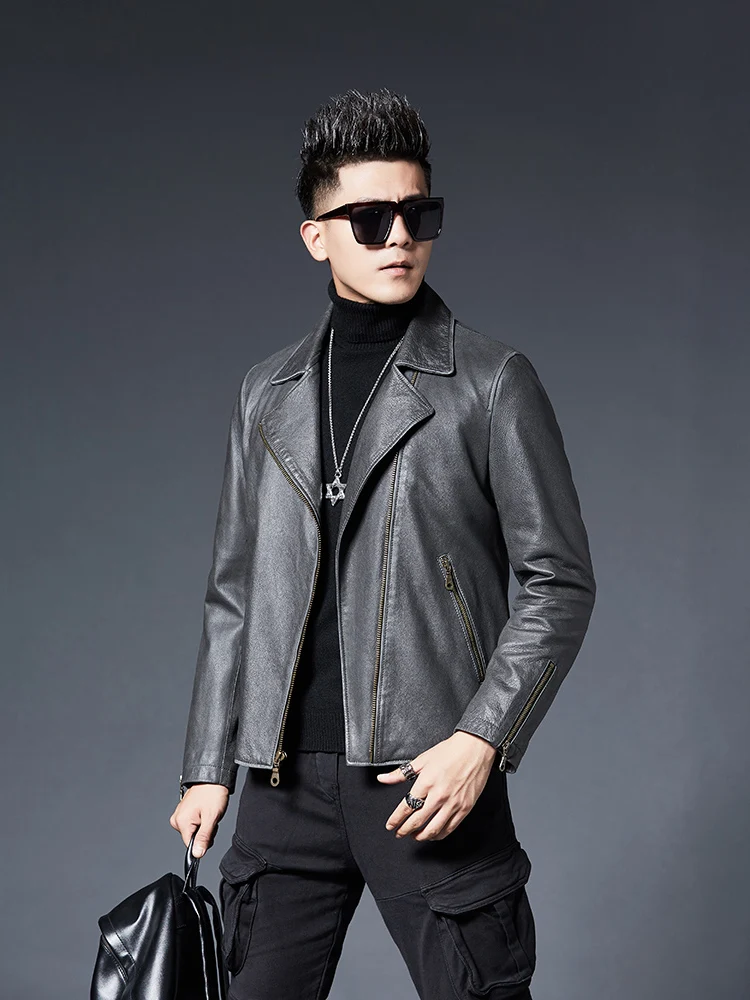 

Men's jacket, 100% calf leather, retro, motorcycle, spring and autumn,