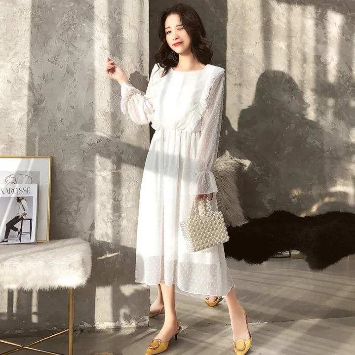 Белое платье в горошек с оборками женское шифоновое эластичной талией и