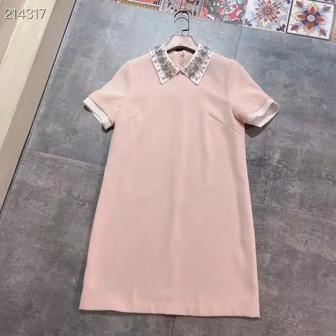 

2021 New Fashion Runway Summer Dress Women Short Sleeve Diamonds Beading Collar Vintage Black / Pink Mini Dress