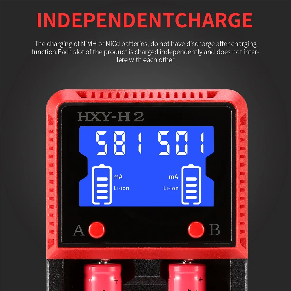 

Hxy-H2 Digital Lcd Display Battery Charger Advanced Protection Batteries For 26650/18650/18490/17335/16340/10440 Black