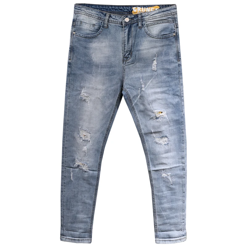 

Уличной моды светильник синий Slim Fit эластичный рваные джинсы мужские джинсовые узкие брюки рваные в стиле «хип-хоп» Джинсы Homme 2021 Новый