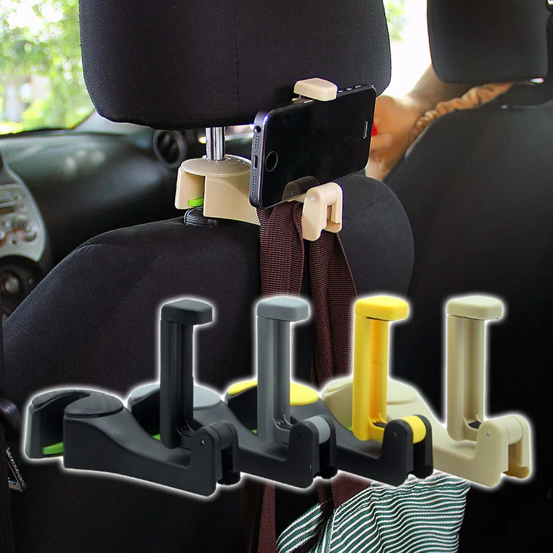 

2 in 1 Car Headrest Hook with Phone Holder Seat Back Hanger for Bag Handbag Purse Grocery Cloth Foldble Clips Organizer