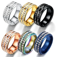 trendy 8mm double row black rhinestone ring for men women fashion rainbow stainless steel ring weddig band jewelry drop shipping