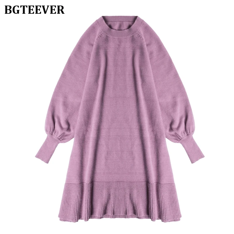 Повседневное женское платье-свитер с круглым вырезом и рукавом-фонариком