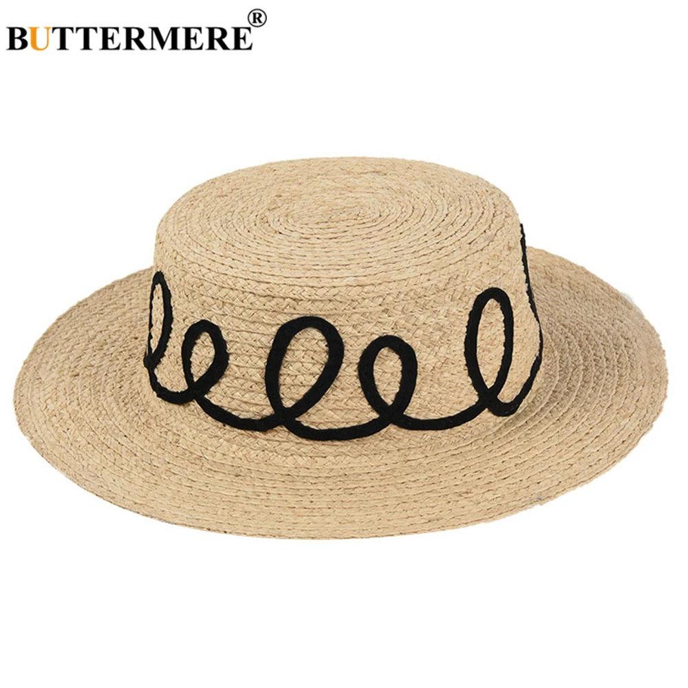 

BUTTERMERE Raffia Boater Summer Hats for Beach Women Wide Brim Sun Hat High Quality Brand Personality Embroidery Fedora