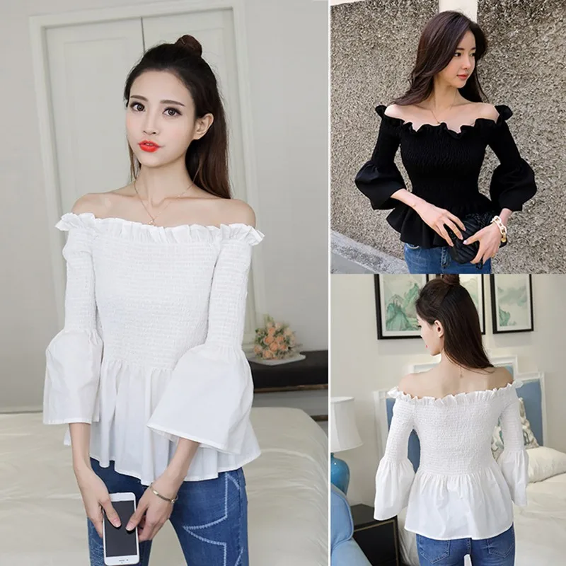 

Autumn Spring Women Shirt Long Sleeve Fashion Sexy Off The Shoulder Solid Simple Beautiful Polyster Ladies Clothes One Size