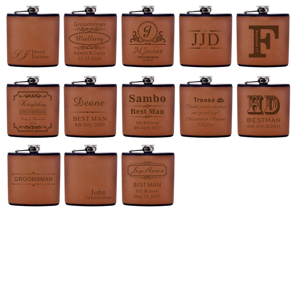 

Personalized Flask 6oz Leather Hip Flask Engrave Stainless Steel Flask Best Man Groom Gift Wedding Favors Customized Logo
