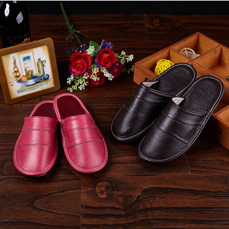 Тапки мужские из натуральной кожи Нескользящие толстые однотонные домашние