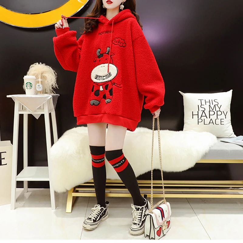 

2021 Winter New Imitation Lamb Wool Pullover Casual Streewear Loose Red Hooded Women's Harajuku Sweatshirt Thicken Hoodie