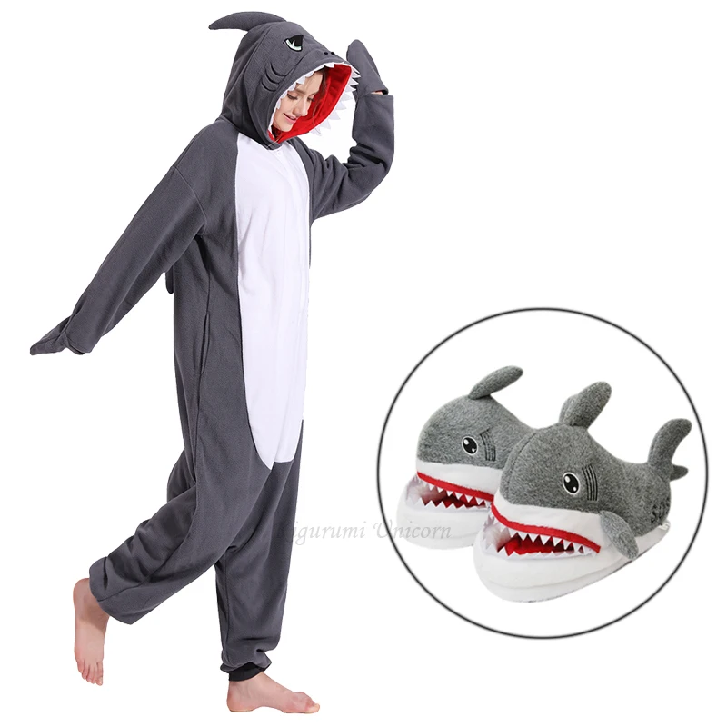 Shark Onesie Women Men Kigurumi Unicorn Animal Pajama Cartoon Slippers Festival Homewear Winter Warm Suit Zipper Button Overalls