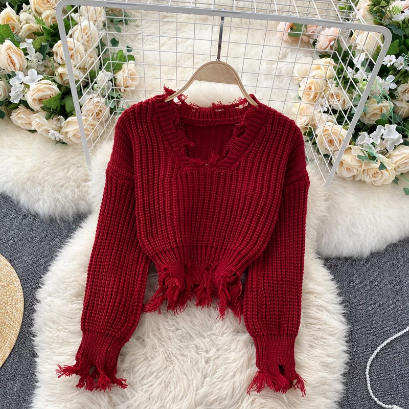 

Foamlina Women's Knitted 2 Piece Set Sexy V-neck Sleeveless Striped Sweater Dress and Ripped Long Sleeve Short Pullover Sweater