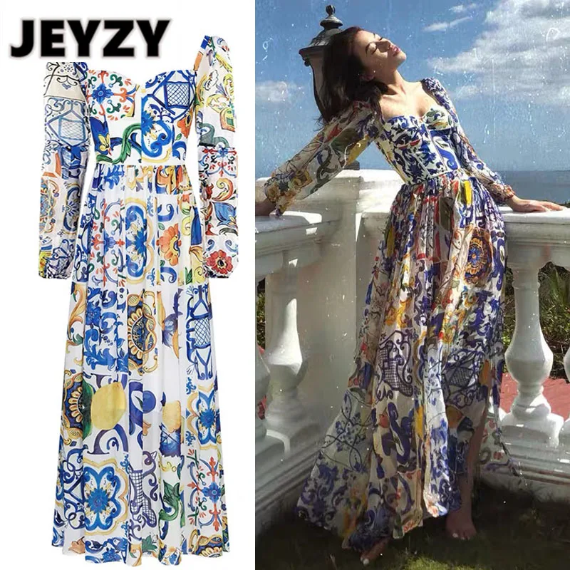 

Женское винтажное шифоновое платье Jeyzy, модельное дизайнерское платье макси синего и белого цвета с квадратным вырезом и длинным рукавом в ...
