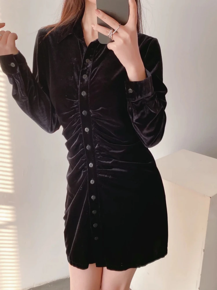 

BBWM Элегантные Бархатные Черные Облегающие мини-платья 2022 Новая мода весеннее женское однобортное винтажное платье тонкое шикарное