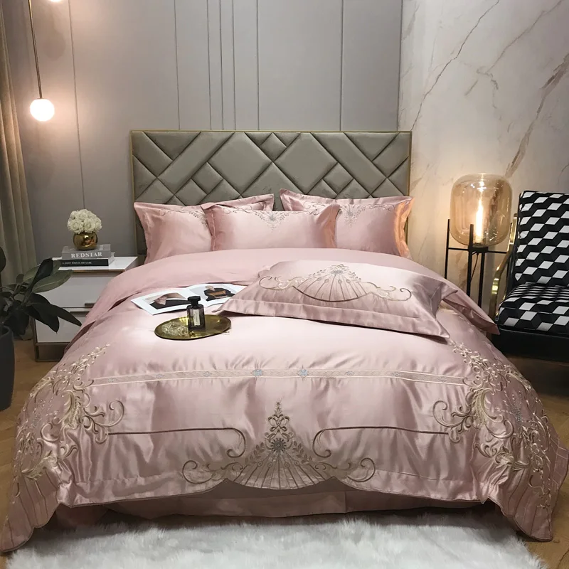 

Luxury Royal Satin Bedding Set 200x230 Embroidery White Blue Duvet Cover Flat Bed Sheet Set Queen King Size Bed Linens 240x220