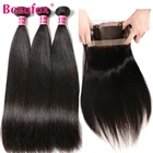 Beaufox 360 кружевной фронтальный с пучком искусственных волос с 360 закрытыми перуанскими прямыми волосами с 360 фронтальной Реми