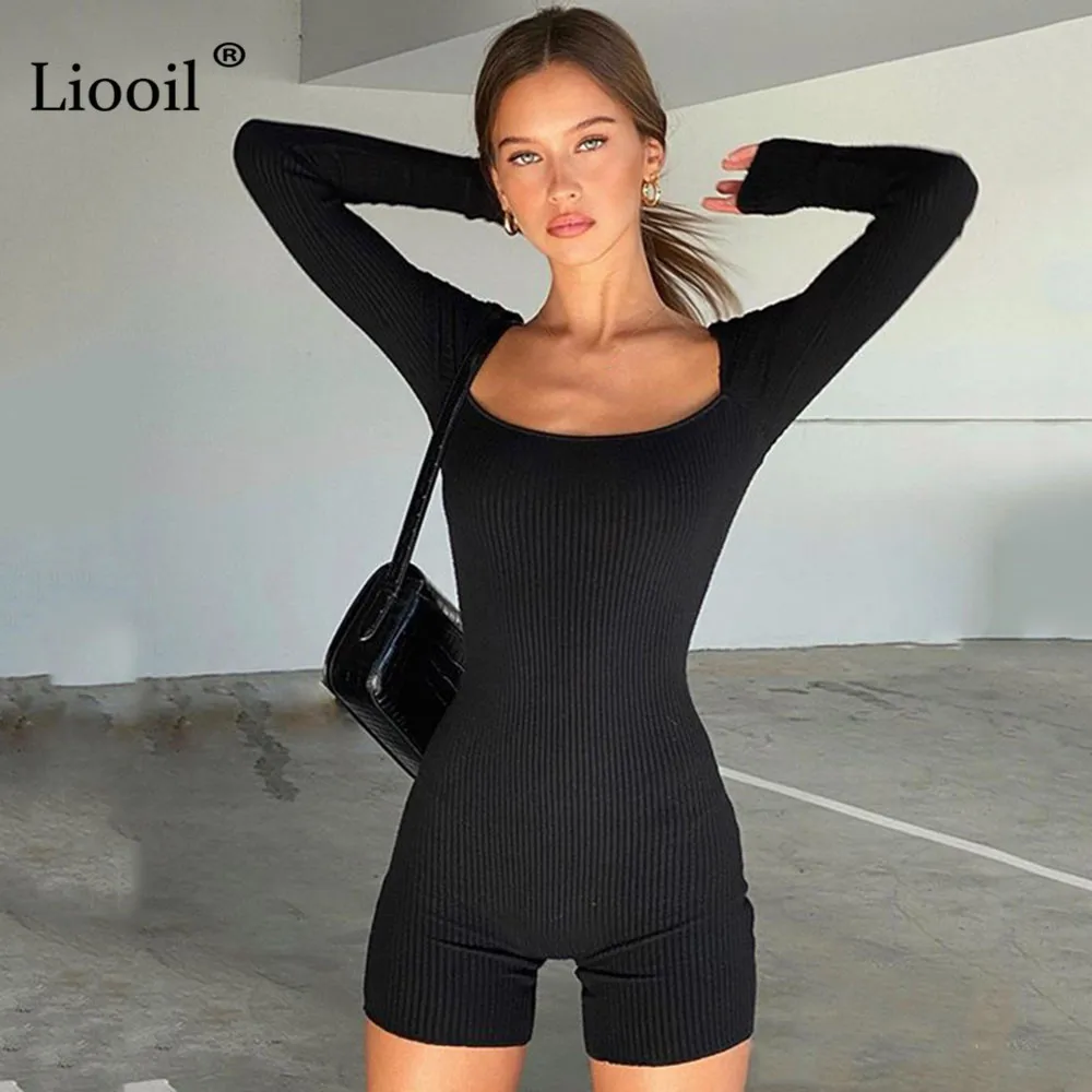

Liooil Cotton Playsuit Sexy Bodycon Ribbed Jumpsuits 2021 Long Sleeve Party Club Rompers Women Jumpsuit Shorts Black Overalls