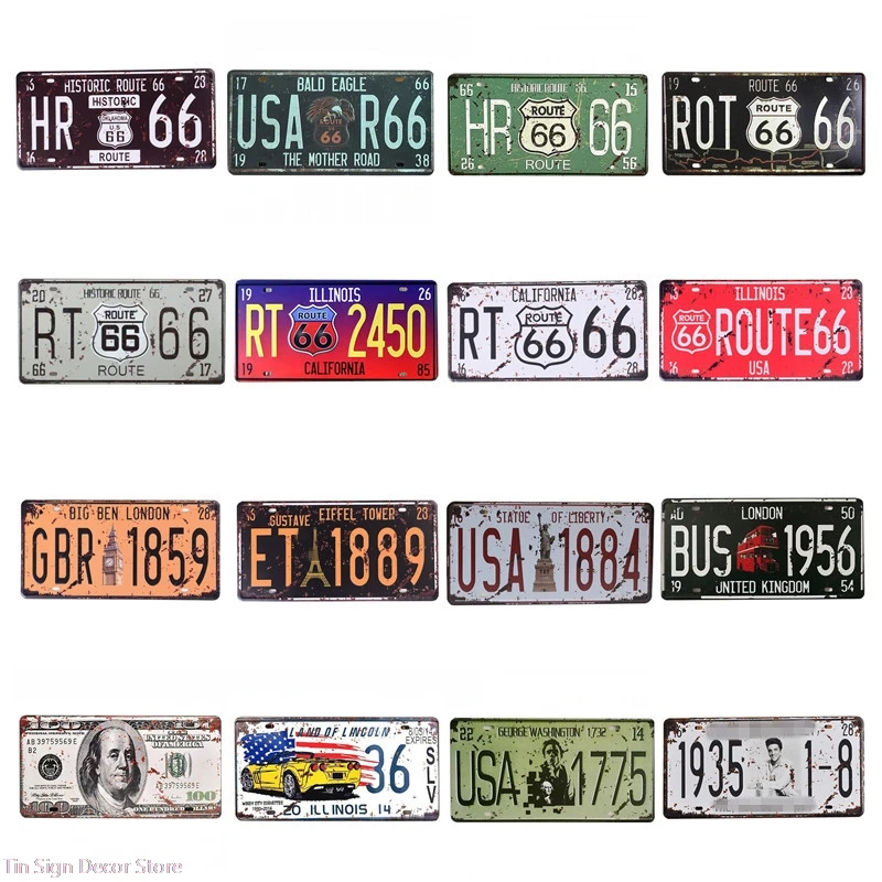 

Route 66 Car License Metal Tin Sign Art Poster Shabby Plaque Iron Poster Pub Wall Stickers