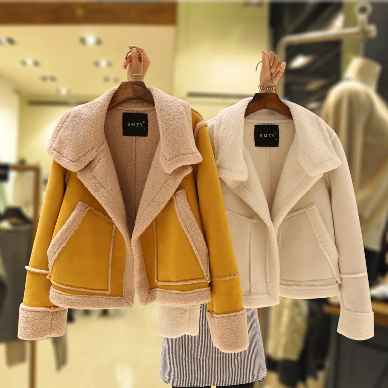 

Autumn Winter Deerskin Lamb Short Jacket Patchwork Thick Women Cotton Coat 2021 New Fashion Double Pockets Outwear