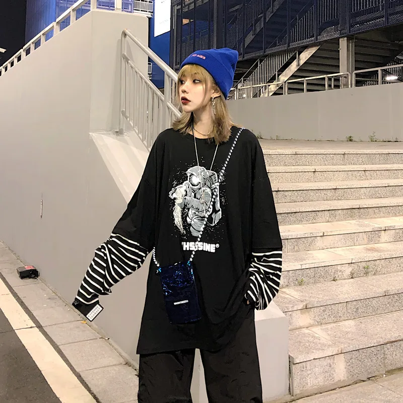Lychee Girls Astronaut Women T Shirt Top Tee Stripe Fake 2 Pieces Women T-shirts Top Tees Patchwork Crew Neck Women T Shirts