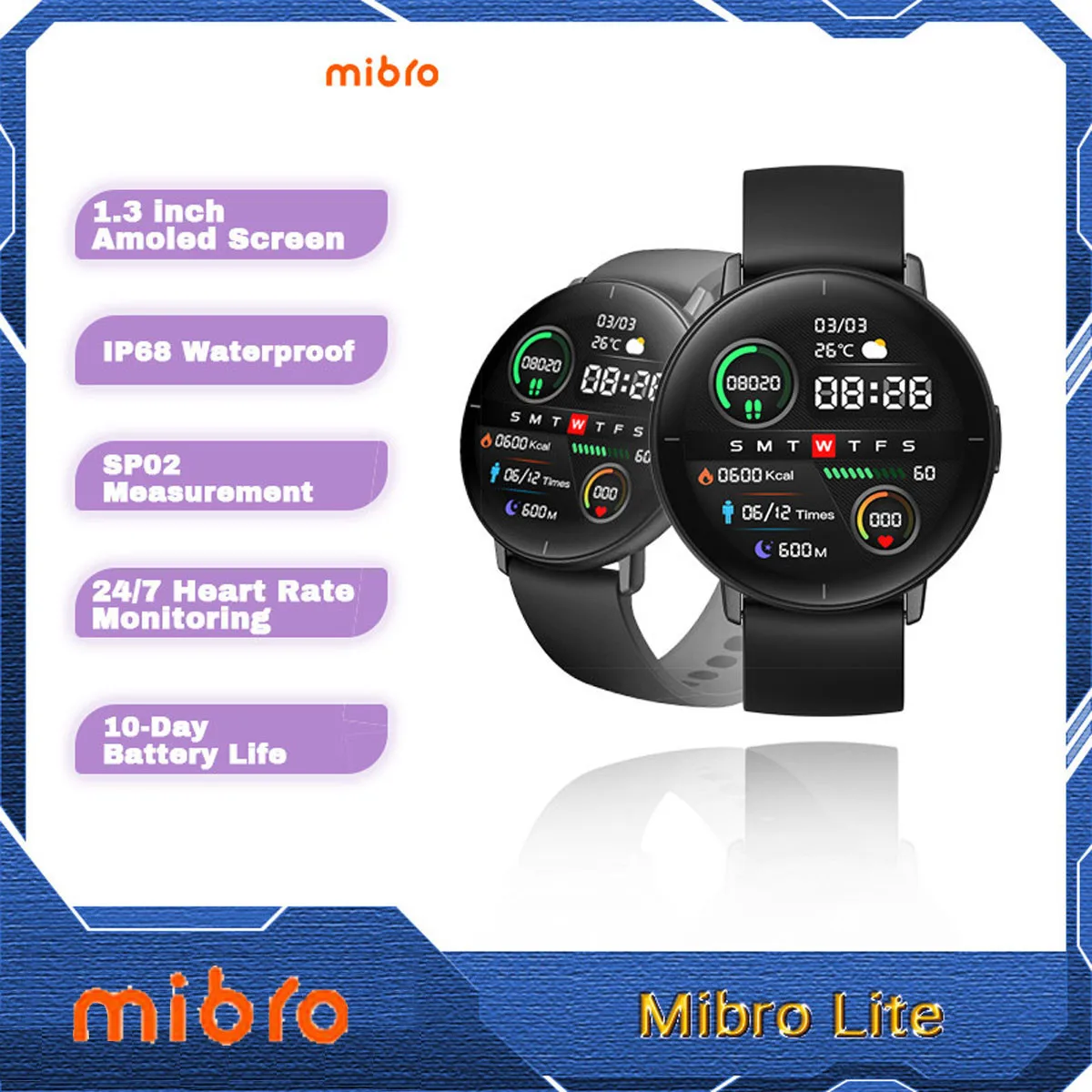 

Смарт-часы Mibro Lite Мужские ультратонкие, экран 1,3 дюйма, поддержка нескольких языков