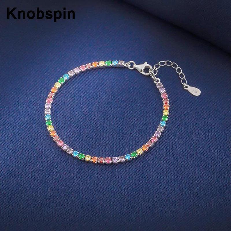 

knobspin 925 Sterling Silver Korean Fashion Rainbow 2.5mm 5A Zircon Chain Bracelets For Women Wedding Party Silver 925 Jewelry