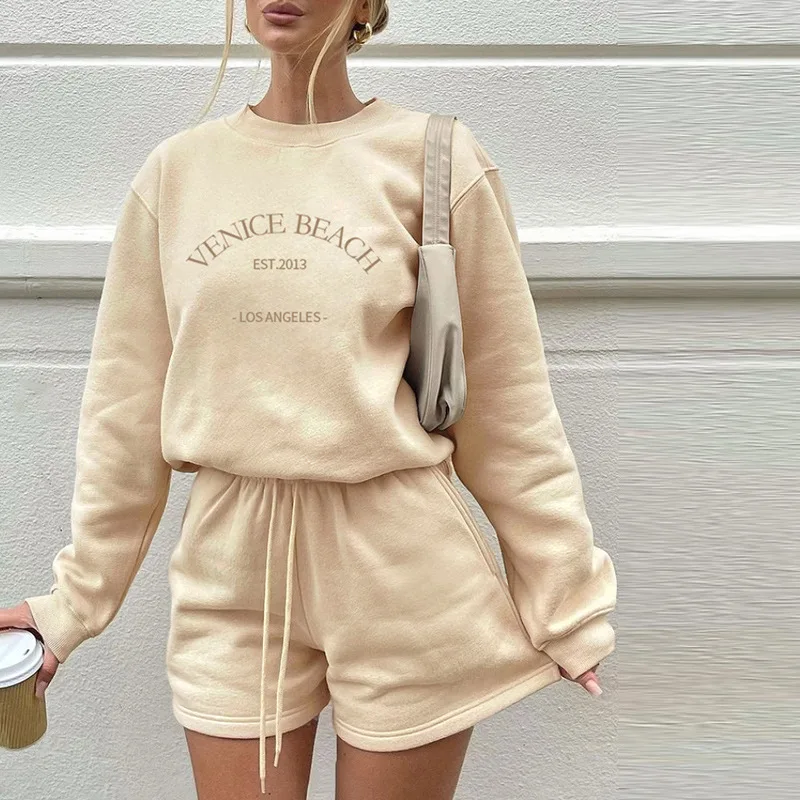 

New Two Piece Set Women Sweatshirt Fleece Winter Loose Letter Embroidery Long Sleeve Pullover Shorts Suits Casual Suits Outfits