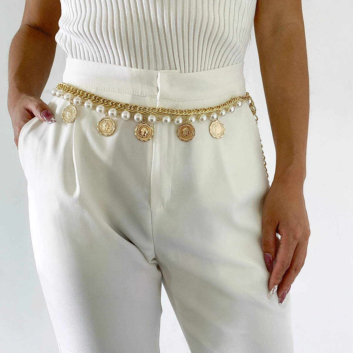 

2021 Trend Classic Temperament Waist Chain For Women New Korean Female Office Career Body Jewelry Punk Geometric Pearls Jewelry