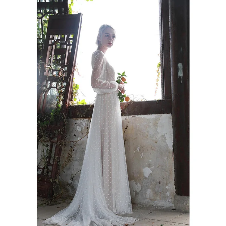 Long Sleeve Polka-dot Translucent Long Temperament Dress Lace Elegant Princess Dress White Sweet Designer Mop The Floor Long