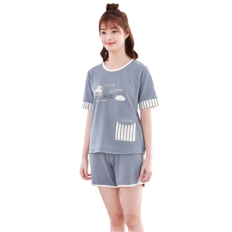 2021 Summer Women's Pajamas Sets Thin Short Sleeve Shorts Cotton Nightgown 2Pcs Suit Korean Cartoon Home Clothes Sleepwear