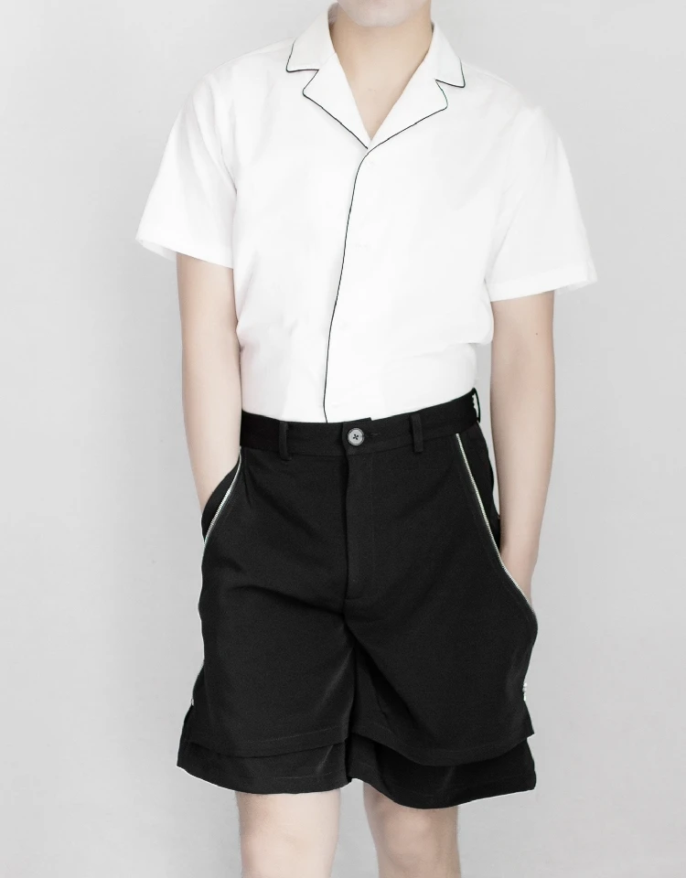 Мужские шорты на молнии с вышивкой широкими штанинами черные повседневные