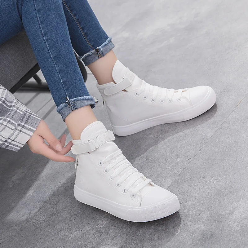 Белые высокие парусиновые кроссовки на платформе Женские шнуровке Спортивные