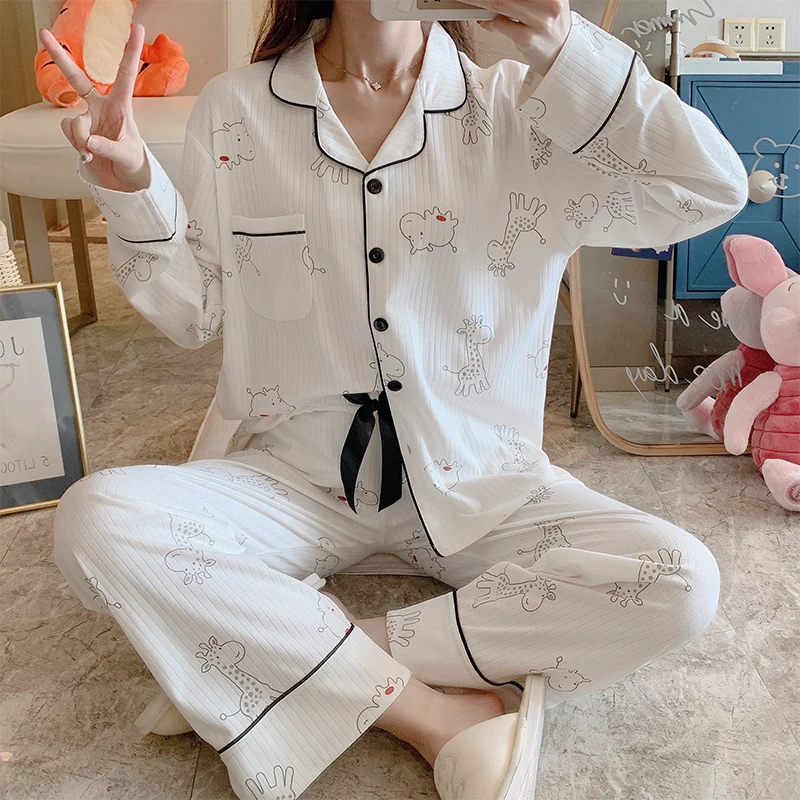 Пижама для женщин Сезон весна осень Кардиган Cute хлопковый костюм двойка с